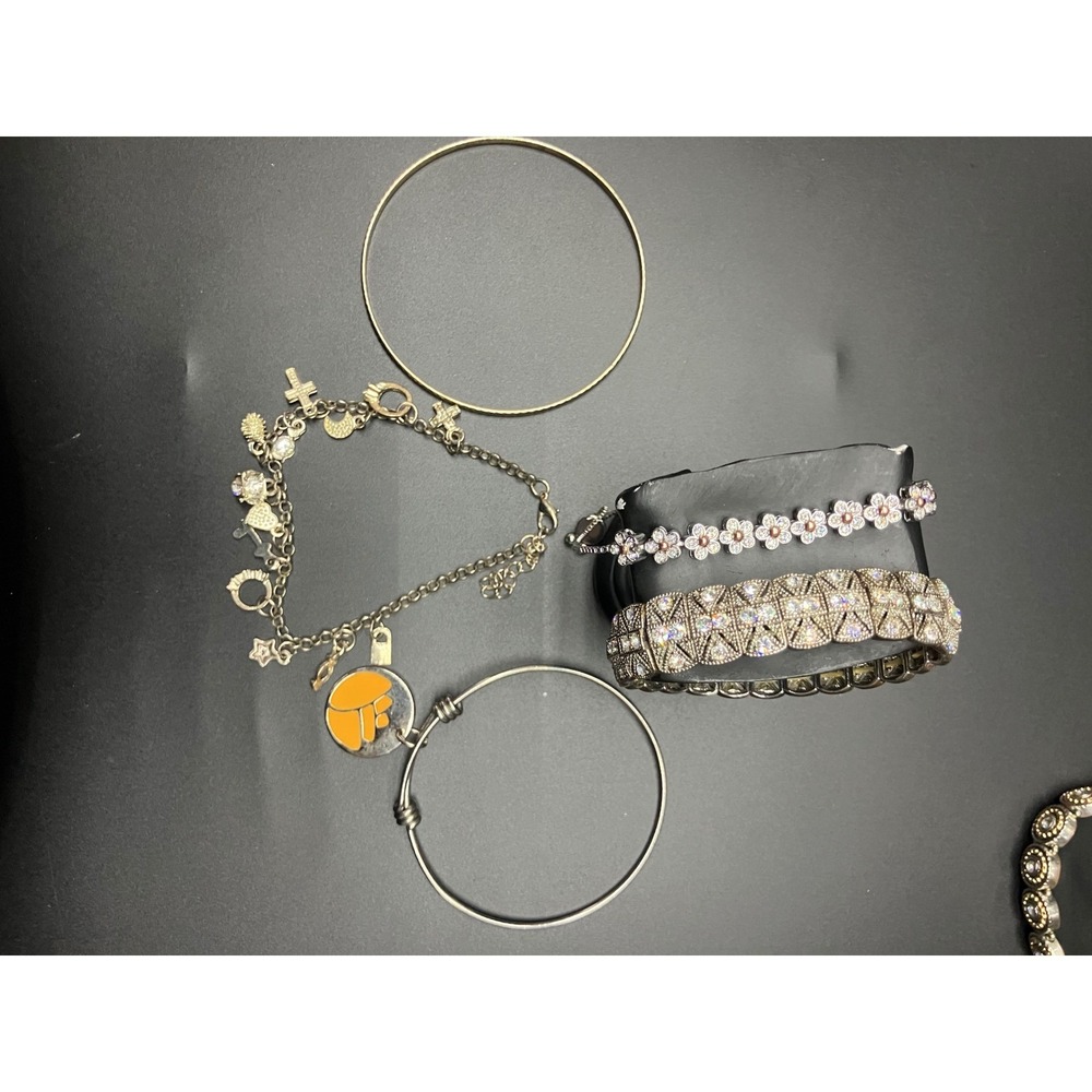 Fashion Bracelet Set 5pc Charm Bangle Floral Slider Stretch Crystal Silver Gold
